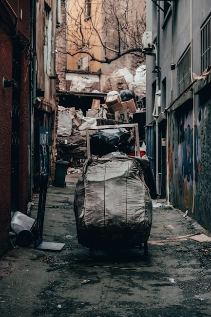 A narrow urban alleyway cluttered with a large black and beige wheeled trash bin positioned centrally in the foreground, surrounded by scattered debris and wear on the asphalt surface. Behind the bin, a significant pile of mixed waste, including cardboard boxes, plastic bags, and other refuse, is stacked against a wall at the end of the passage. The alley is enclosed by tall, tightly packed buildings on both sides, with one side featuring graffiti and the other a grey facade with metal security bars on the windows. Leafless tree branches extend overhead, contrasting with the dull, overcast lighting. Visible pipes and utility fixtures run along the building exteriors, adding to the urban environment context. The scene reflects an instance of private waste accumulation awaiting collection, consistent with independent rubbish disposal services.